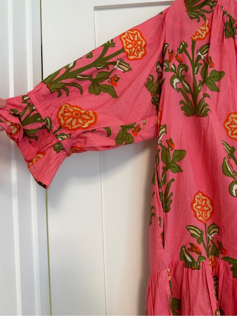 THML Coral Pink Floral Mini-dress with Olive Green Print - Picture 2 of 5